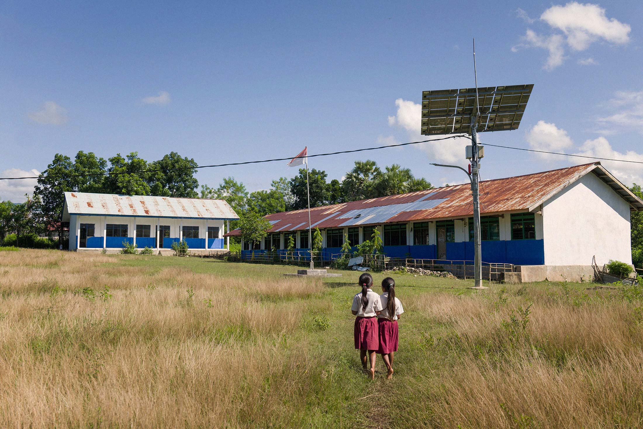 Solar grid panel installed at an elementary school complex in Prai Witu village, East Sumba, Indonesia on February 17, 2022.