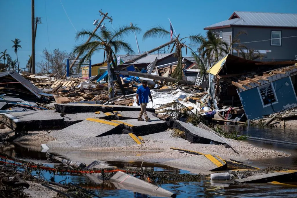 A broken section of the Pine Island Road in the aftermath of Hurricane Ian in Matlacha, Florida, 2022.