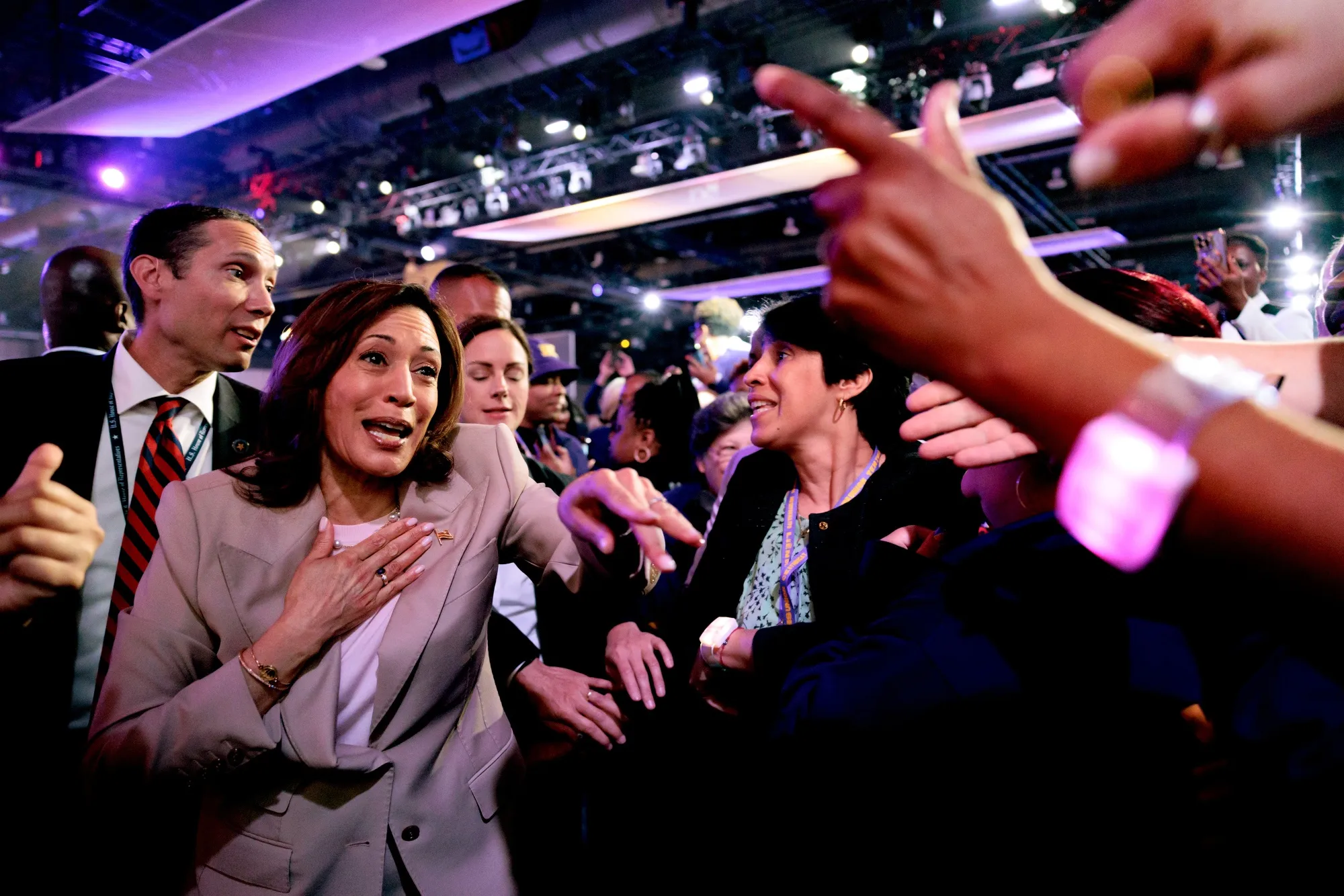 Kamala Harris greets attendees during the Service Employees International Union&nbsp;convention in Philadelphia in May 2024.