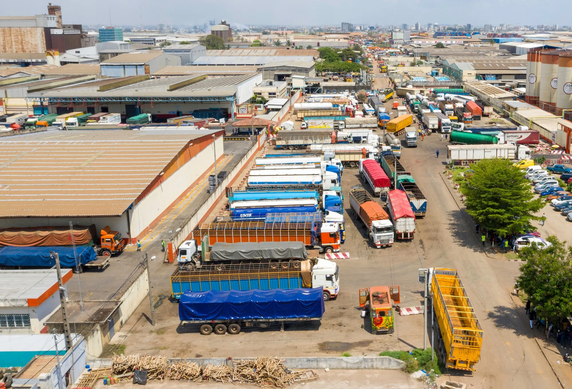 Trucks used for cocoa transportation outside a processing plant in Abidjan, Ivory Coast.