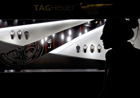 A display of Tag Heuer wristwatches, the Swiss watchmaker owned by LVMH Moet Hennessy Louis Vuitton SA, during the Baselworld watch fair in Switzerland.