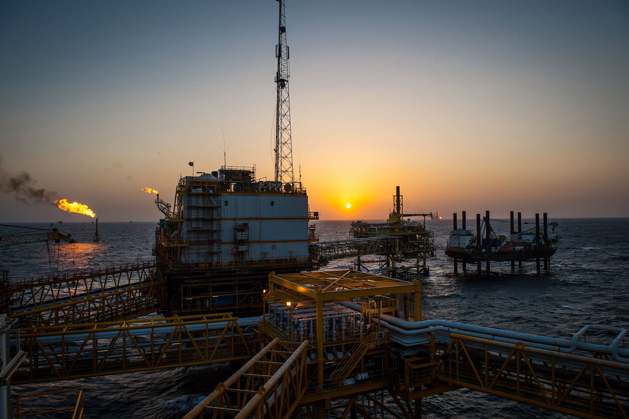 An offshore oil platform in the Persian Gulf's Salman Oil Field, near Lavan island, Iran.