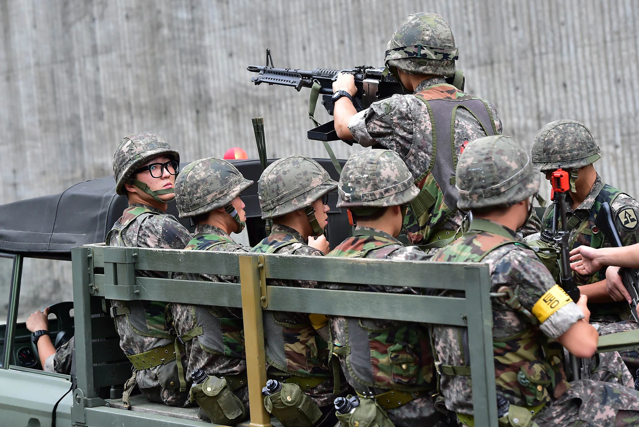 South Korean soldiers on a truck move to a position during an anti-terror drill.
