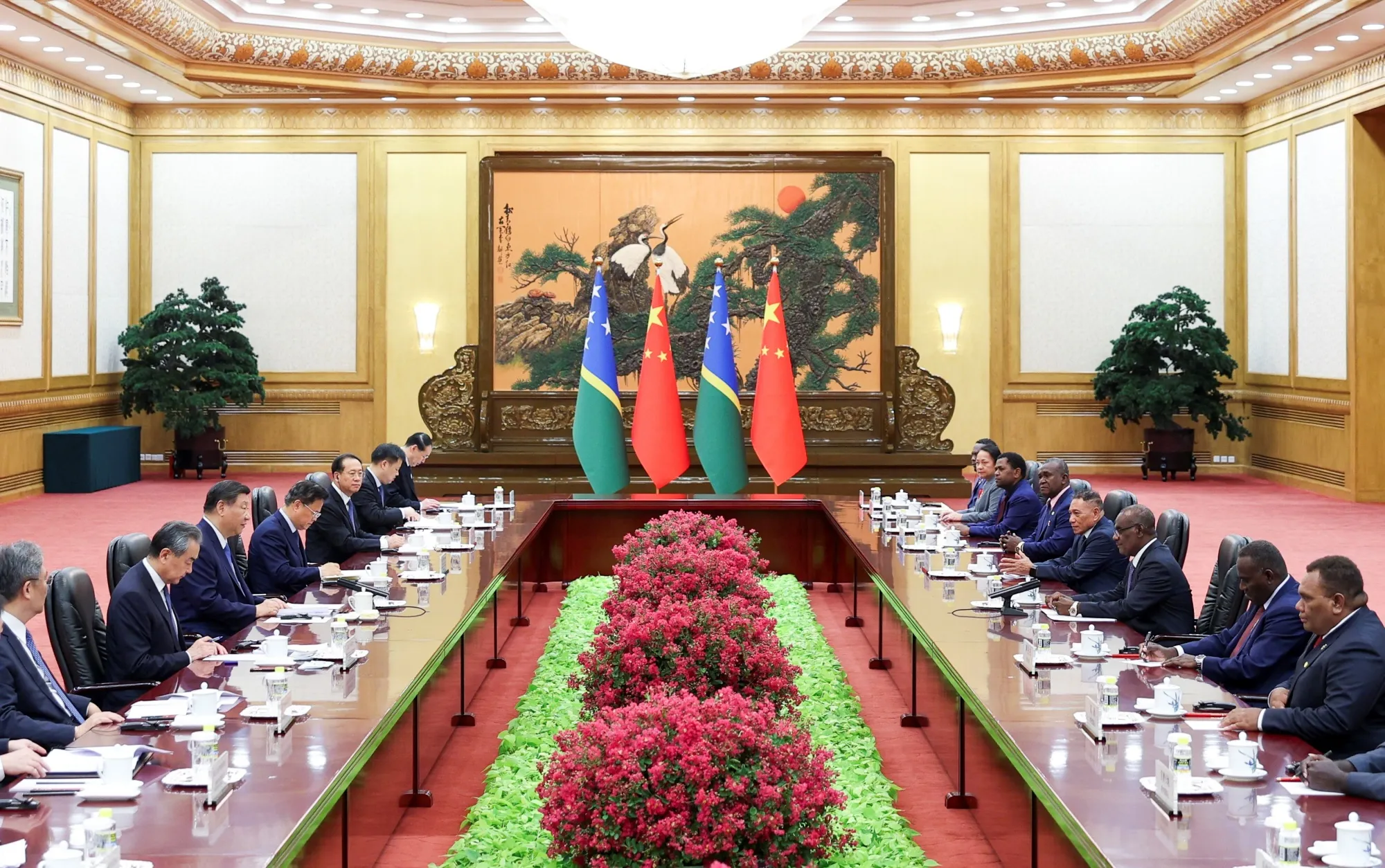 Chinese President Xi Jinping meets with Prime Minister Jeremiah Manele of the Solomon Islands in Beijing in July 2024.