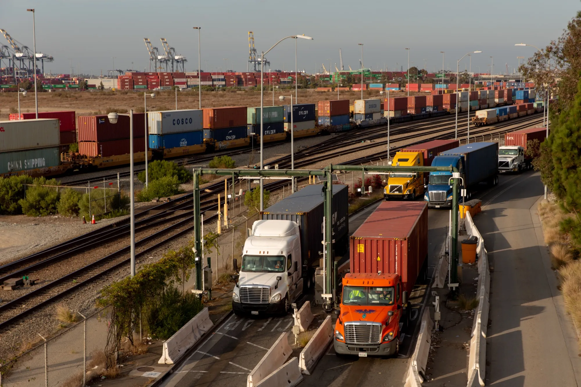 Trucks enter the Port of Los Angeles.