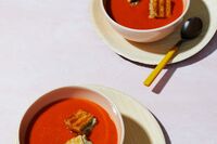 Comforting tomato soup with nifty grilled cheese croutons.