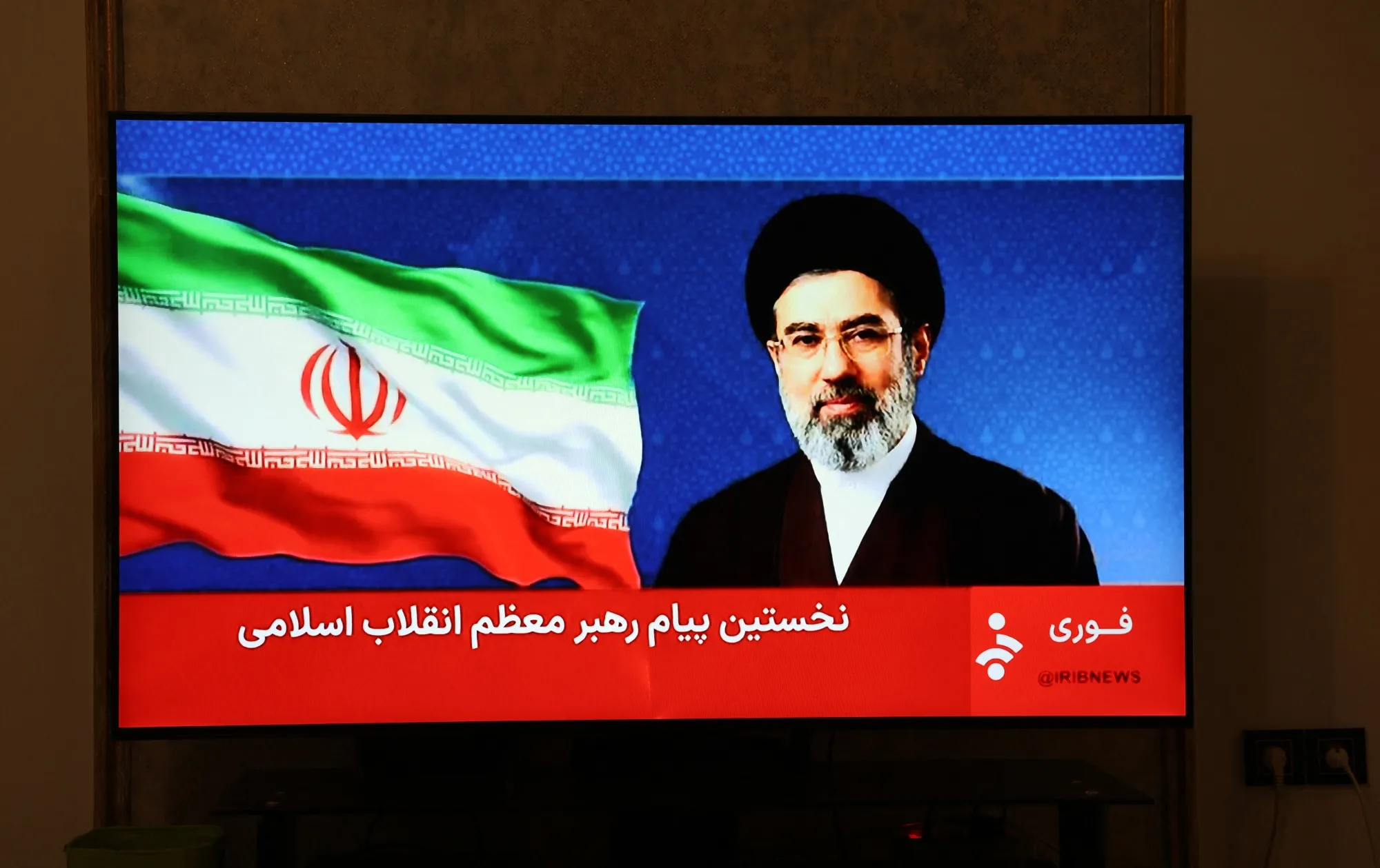 A screen displaying Iran's new supreme leader Mojtaba Khamenei on March 12 in Tehran.