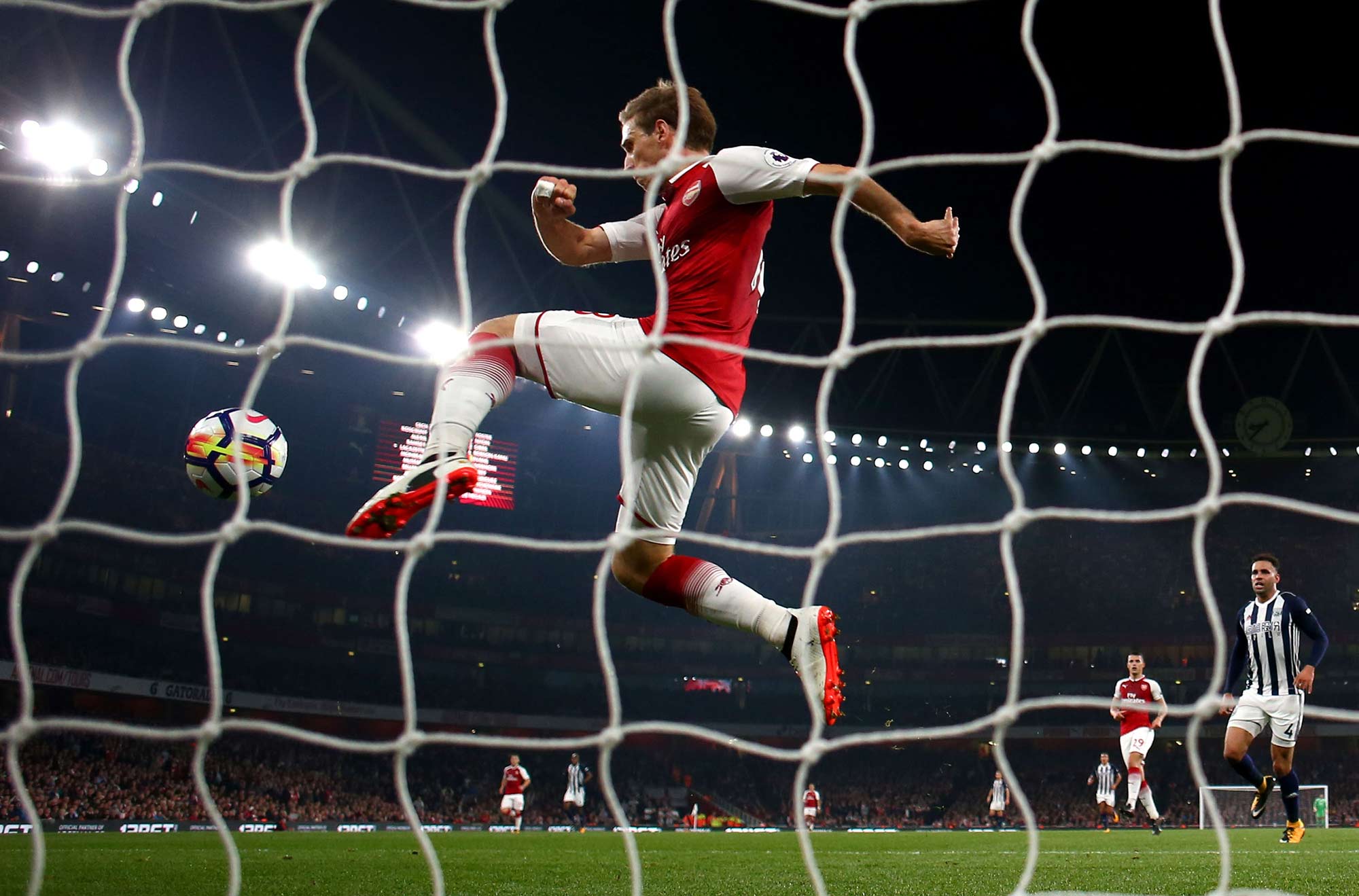Nacho Monreal of Arsenal clears the ball from the goal line during the Premier League match between Arsenal and West Bromwich Albion at Emirates Stadium on Sept. 25, 2017 in London.&nbsp;