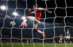 Nacho Monreal of Arsenal clears the ball from the goal line during the Premier League match between Arsenal and West Bromwich Albion at Emirates Stadium on Sept. 25, 2017 in London.&nbsp;