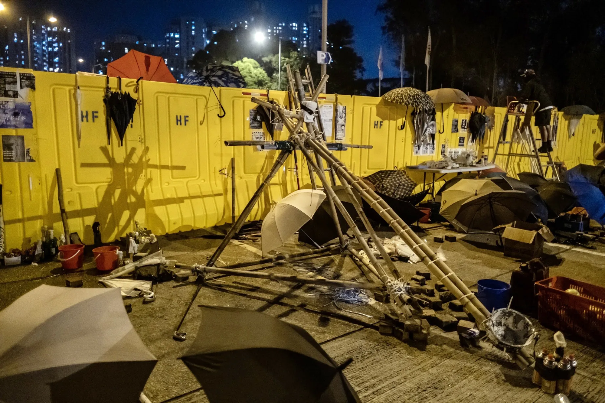 A makeshift catapult among barricades in the Kowloon Tong area of Hong Kong.