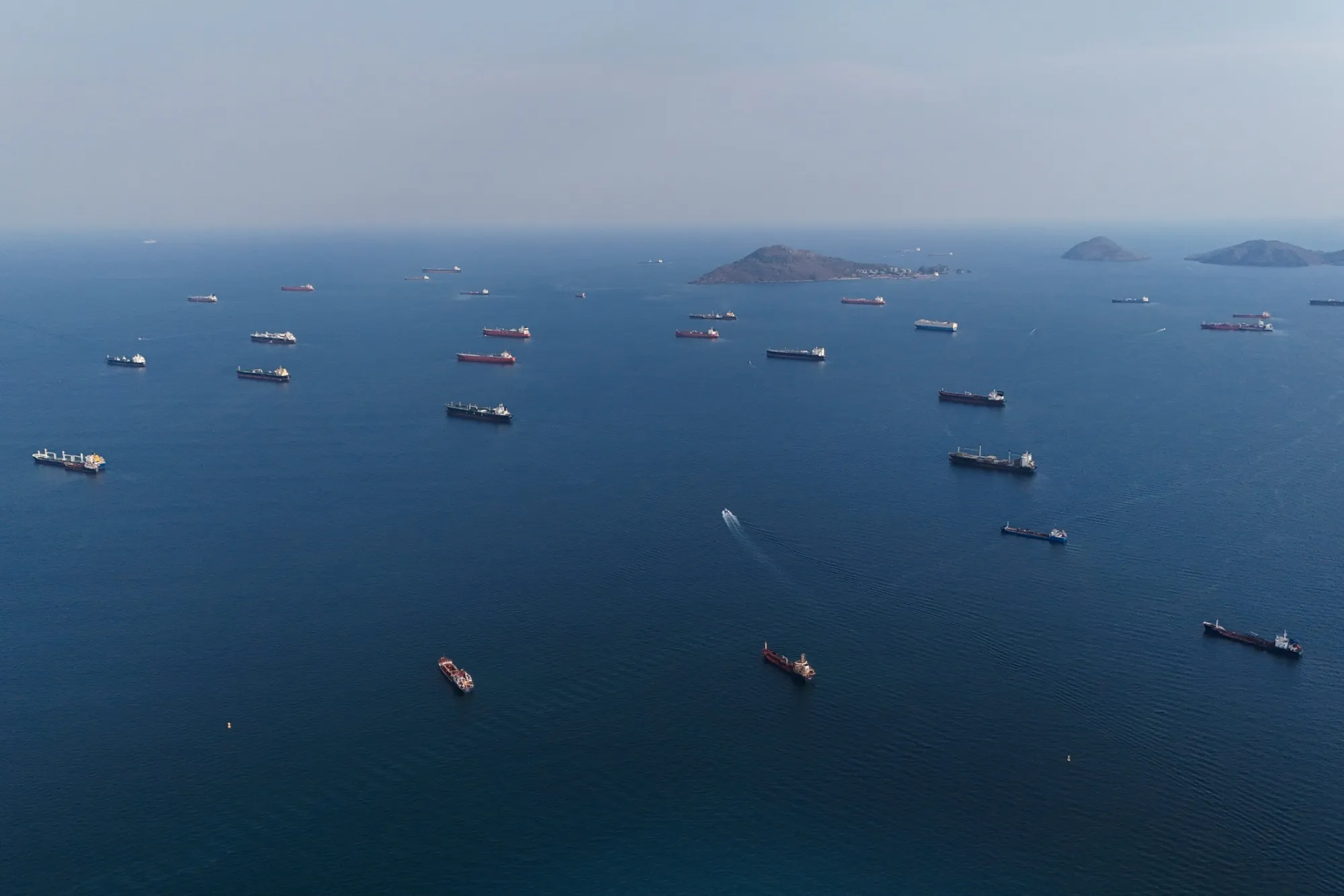 Cargo ships waiting to transit the Panama Canal.