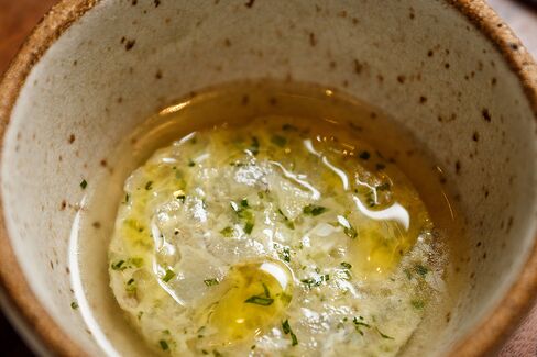 Raw madai with finger limes and a softly set jelly of fish broth.