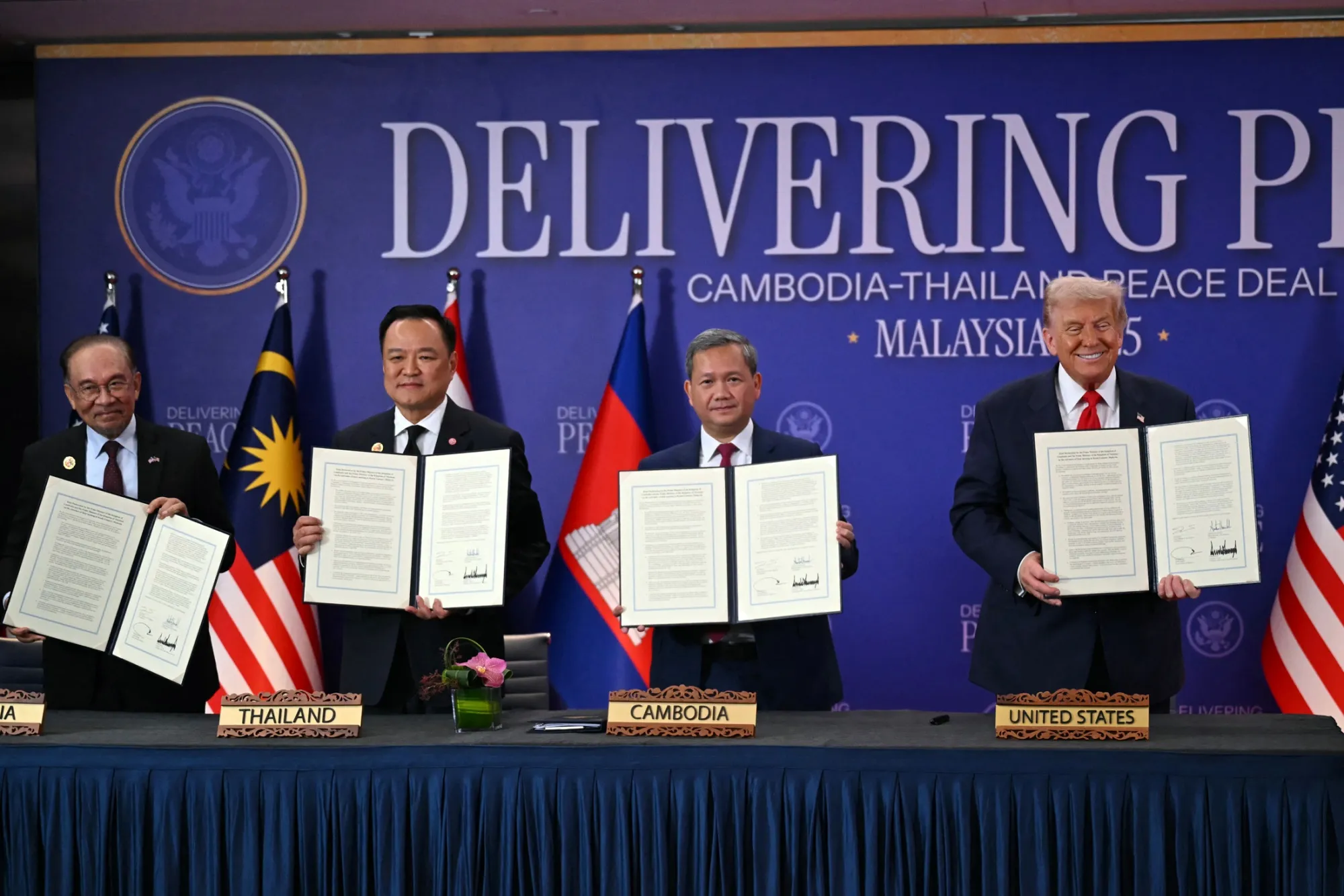 Malaysia’s Prime Minister&nbsp;Anwar Ibrahim, Thailand’s Prime Minister&nbsp;Anutin Charnvirakul, Cambodia’s Prime Minister Hun Manet and US President Donald Trump on Oct. 26.
