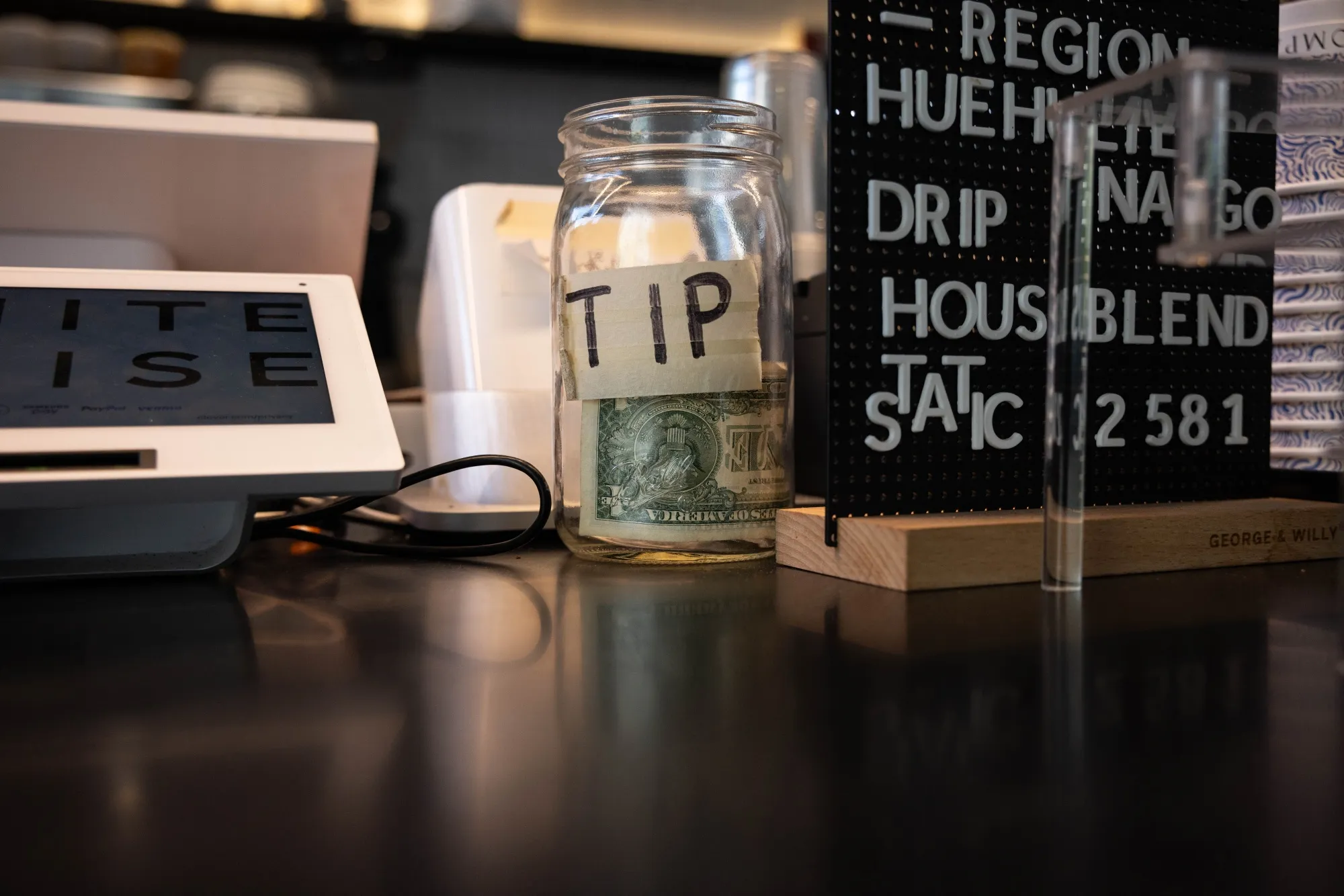 A tip jar at a cafe in the Brooklyn borough of New York.
