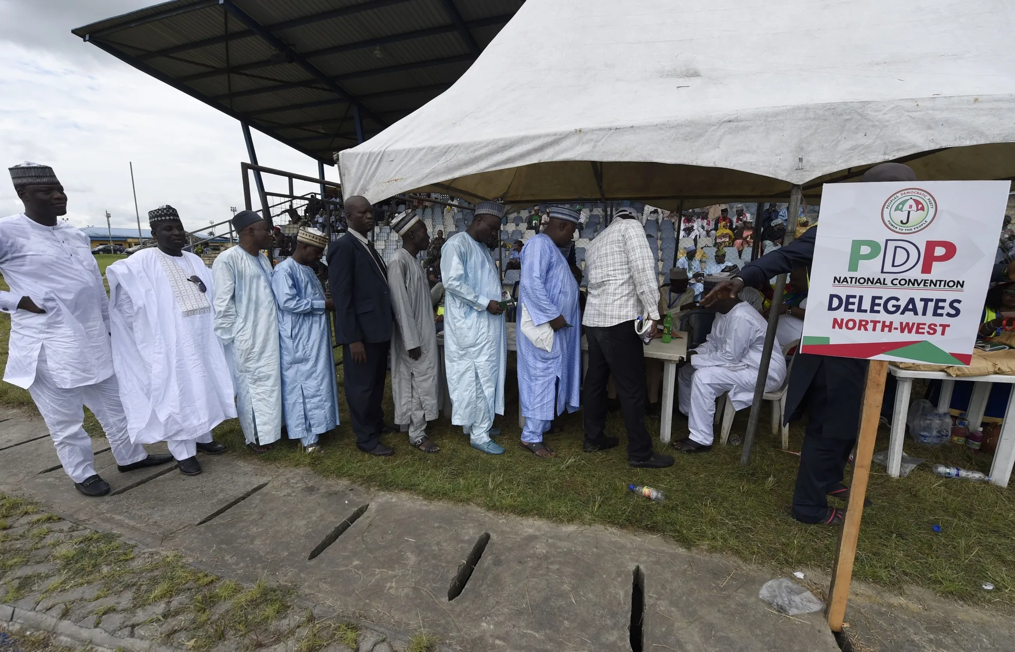 Peoples Democratic Party (PDP) members wait to register before voting for a candidate, n Port Harcourt, on Oct.&nbsp;6.