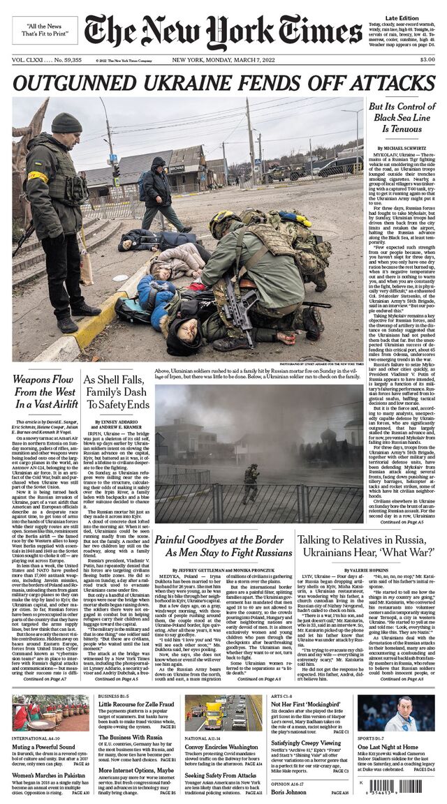 The front page of the New York Times on March 7, 2022, featuring Addario’s photo of civilians mortally wounded by a Russian mortar round. 