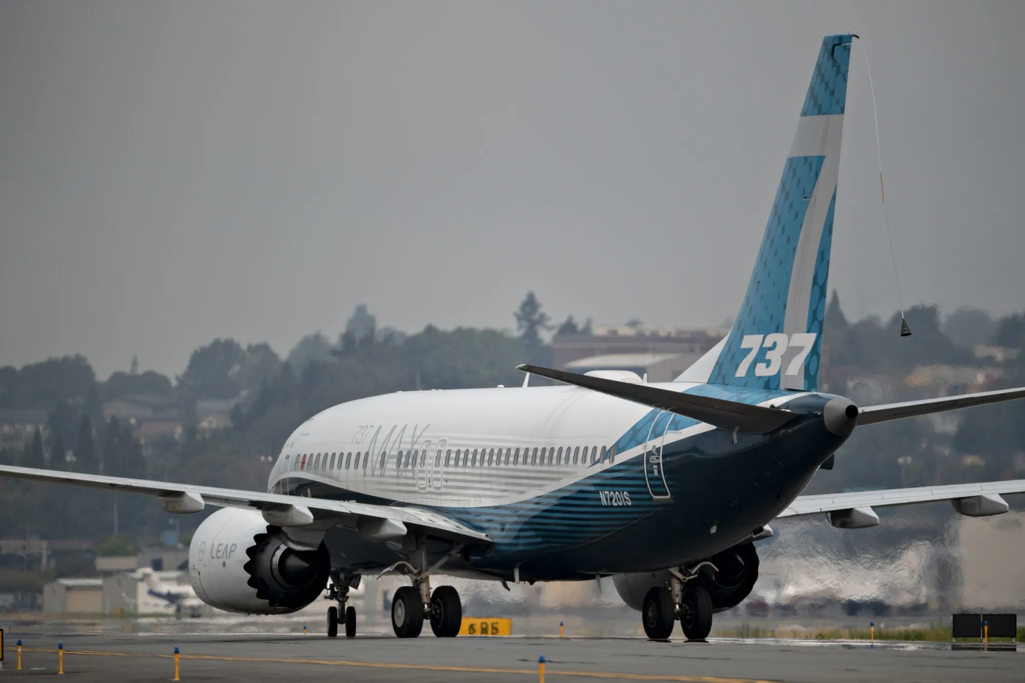 A Boeing 737 Max taxis after landing during a test flight in Seattle.