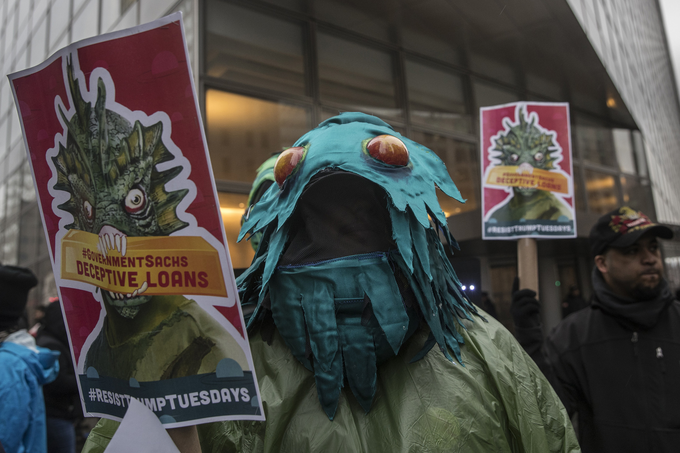 Protestors rally outside the Goldman Sachs headquarters, demanding that President Elect Donald Trujmp 'drain the swamp' of advisors from the company that have joined his administration, in New York, New York, Tuesday January 17, 2017. Photograph: Victor J. Blue
