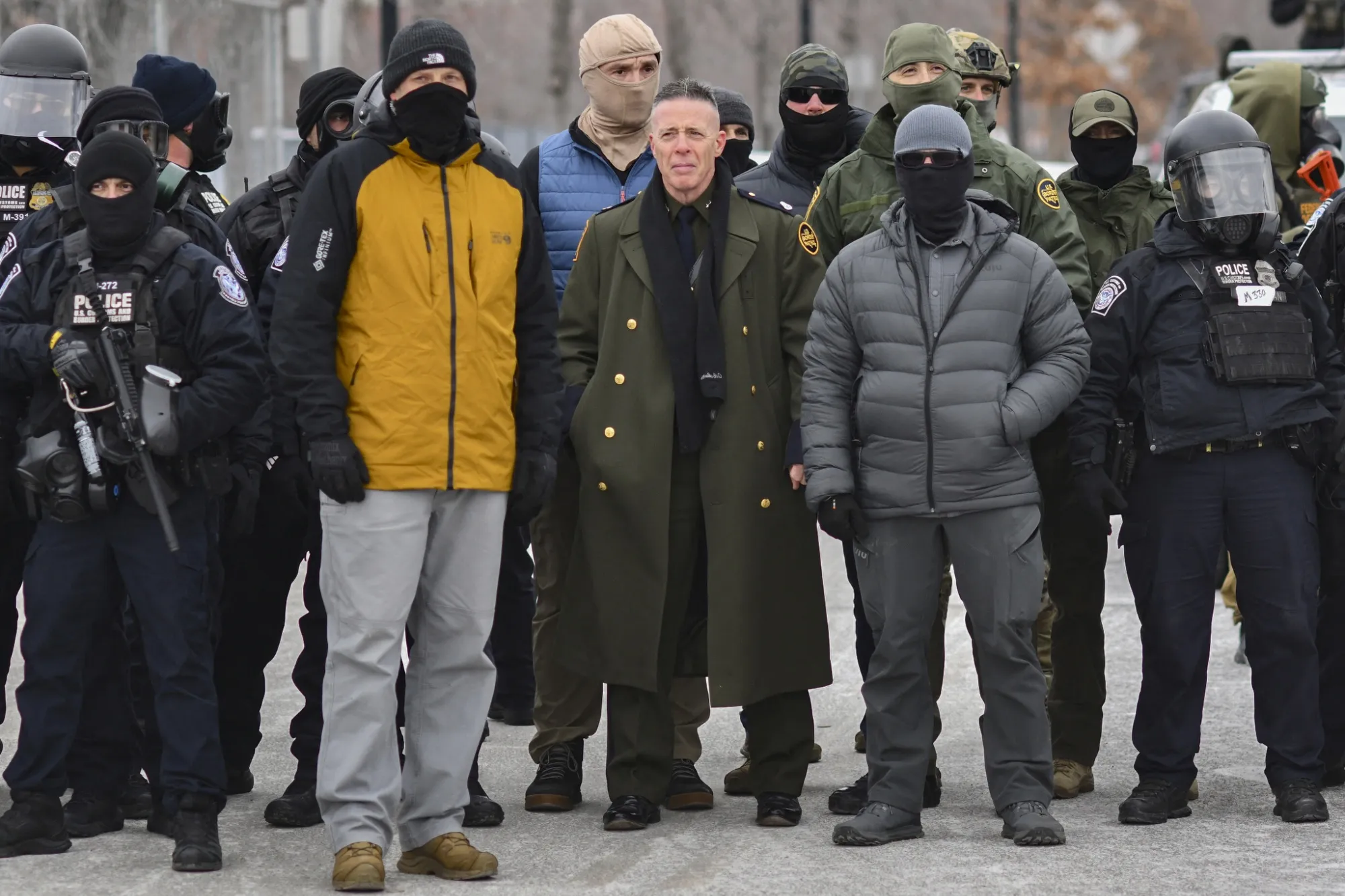 Former US Customs and Border Protection Commander Gregory Bovino with federal agents during a protest outside the Bishop Henry Whipple Federal Building in Minneapolis on Jan. 15.