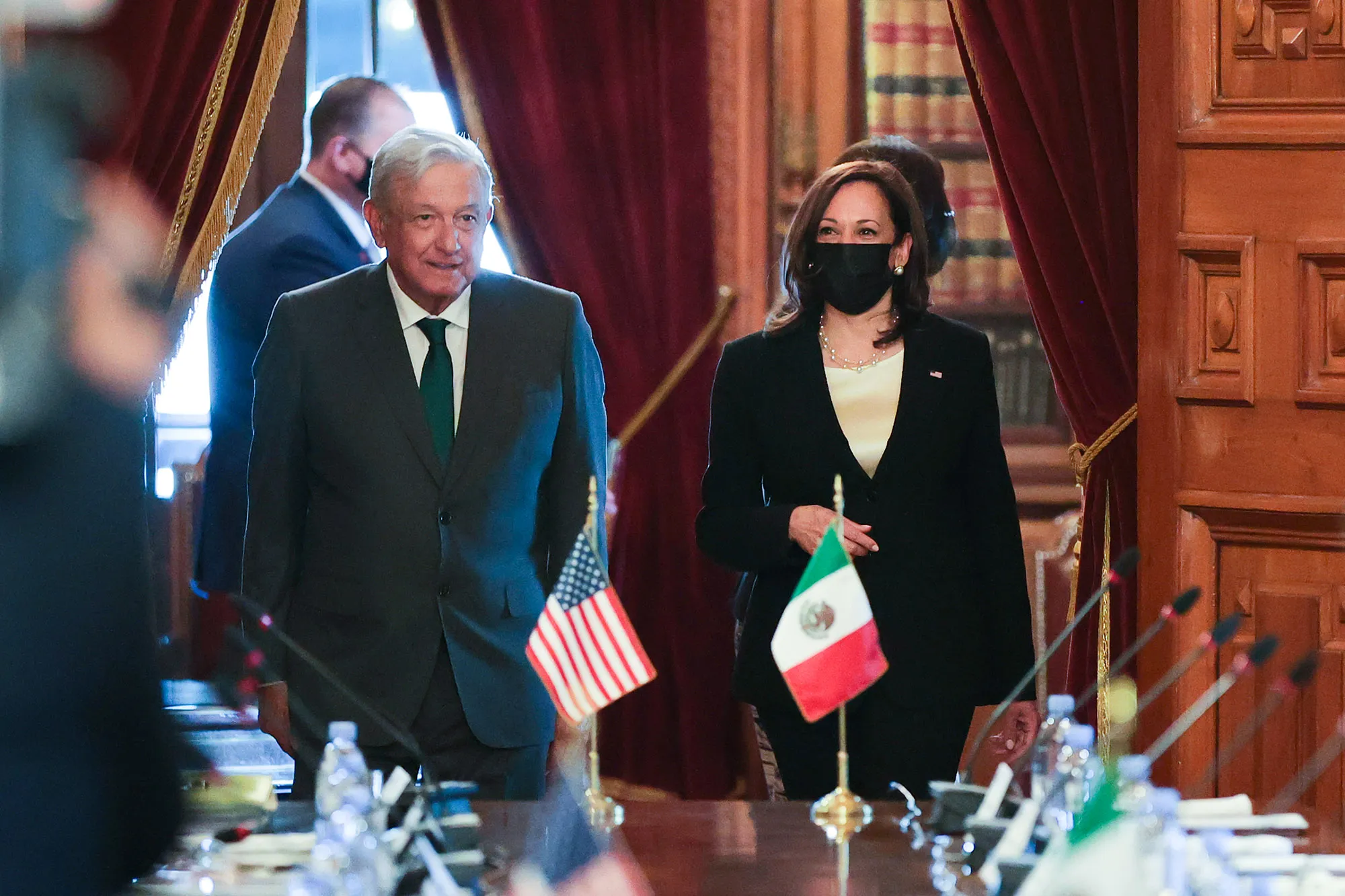 Andres Manuel Lopez Obrador and Kamala Harris at Palacio Nacional in Mexico City on June 8.