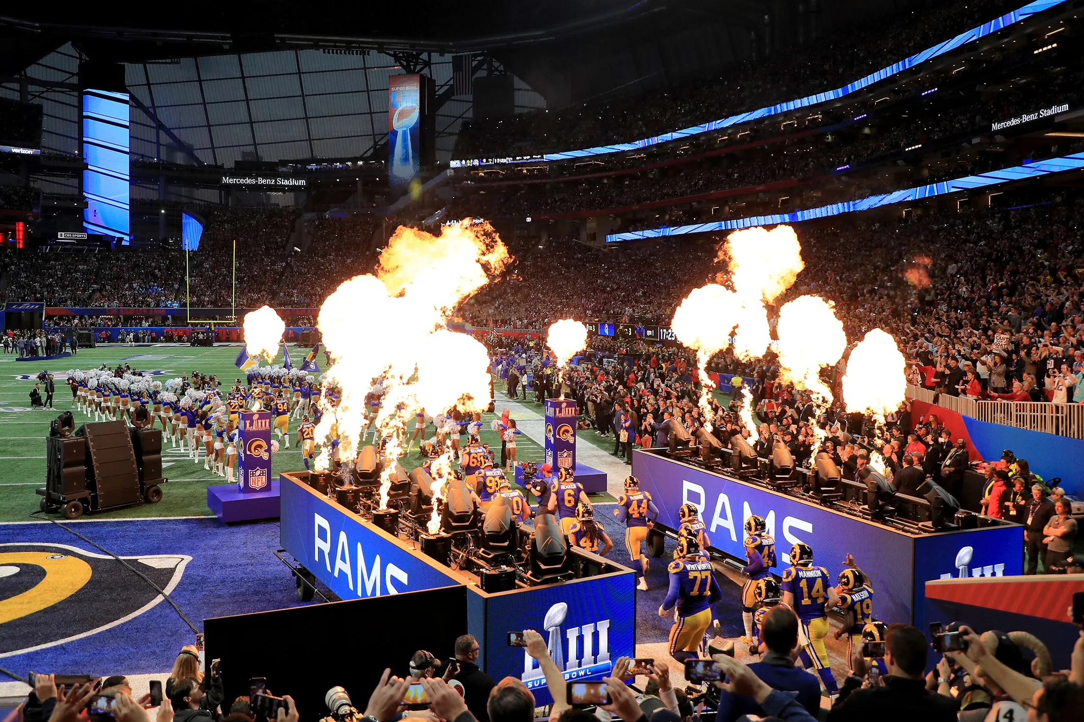 The Los Angeles Rams take the field prior to kickoff at Super Bowl LIII.