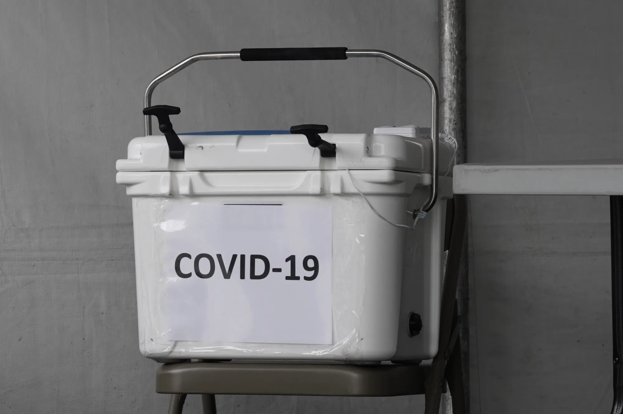 A cooler containing nasal swabs from patients at a&nbsp;testing site at the North Inland Live Well Escondido Center in Escondido, California.&nbsp;