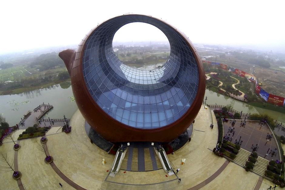 An aerial view of a building shaped like a clay teapot is seen in Wuxi, Jiangsu province.