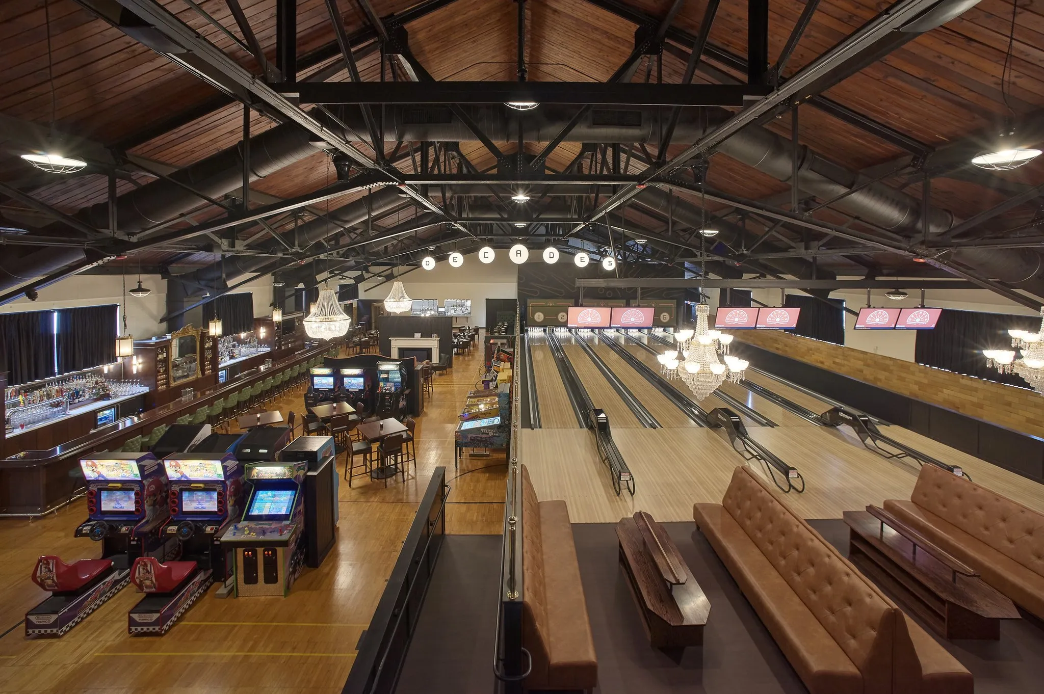 The interior of Adam Ozimek’s 15,000-square-foot restaurant/bowling alley/video arcade.