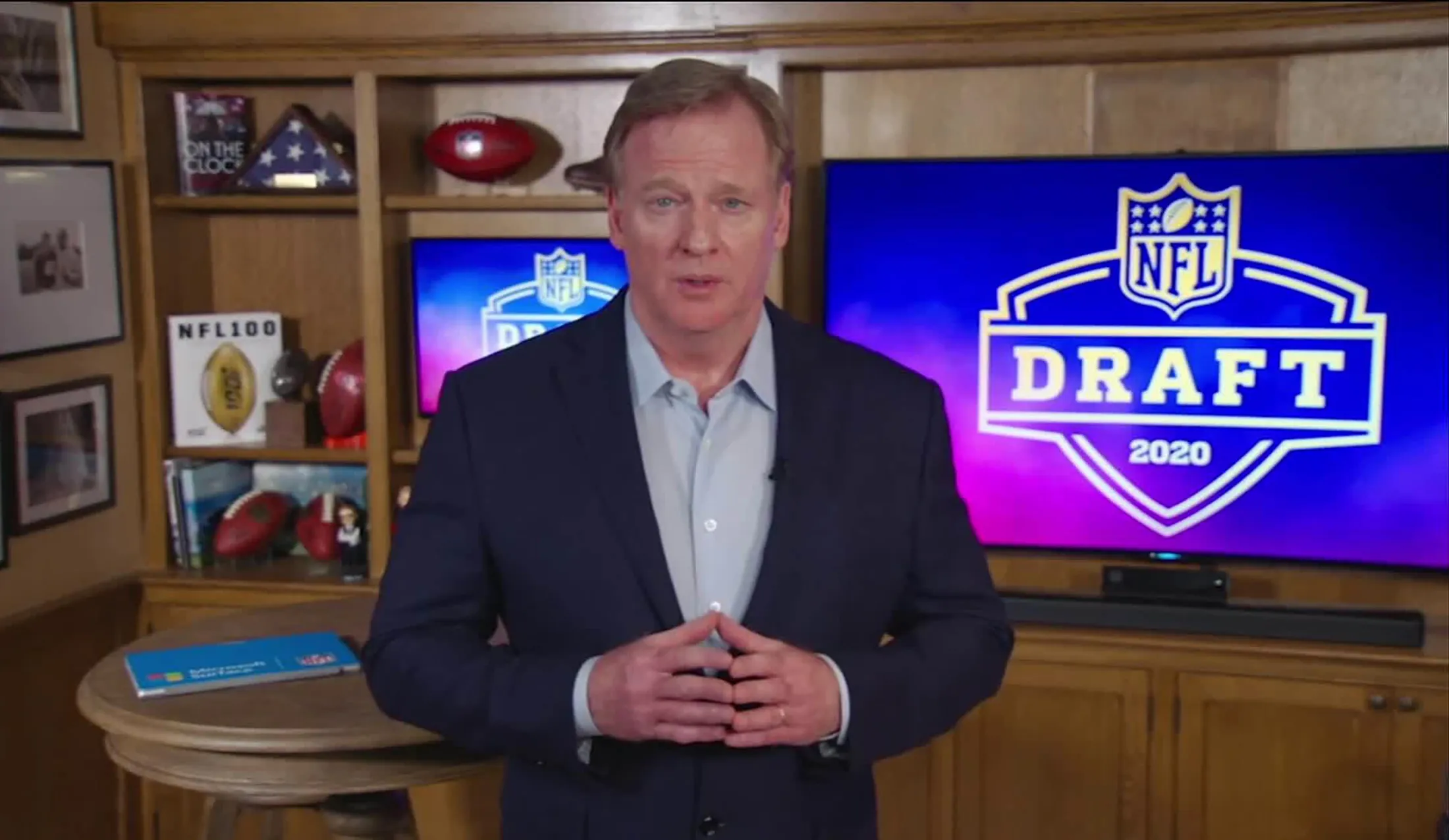 Roger Goodell speaks from his home during the 2020 NFL Draft on April 23.