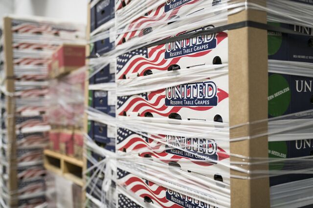 Boxes of grapes are stacked on pallets at Second Harvest Heartland headquarters in Brooklyn Park, Minnesota on July 23, 2020. 