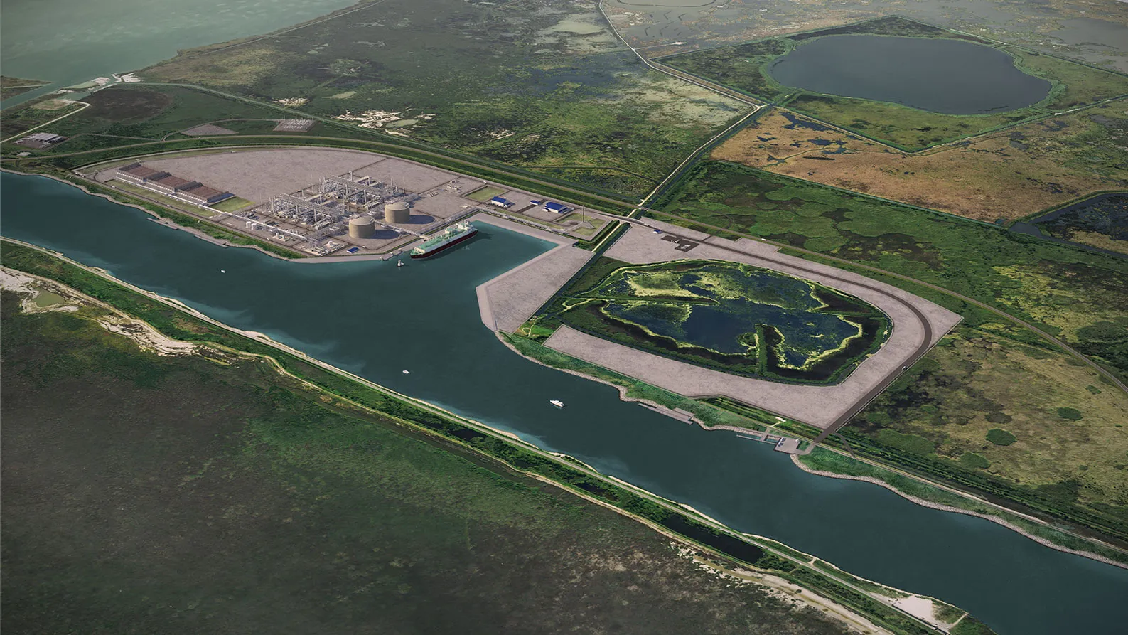 A rendering of the proposed Port Arthur LNG export project in Jefferson County, Texas.