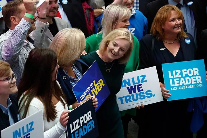 Liz Truss meets with supporters before the conservative leadership hustings in Perth, Scotland, on Aug. 16.&nbsp;