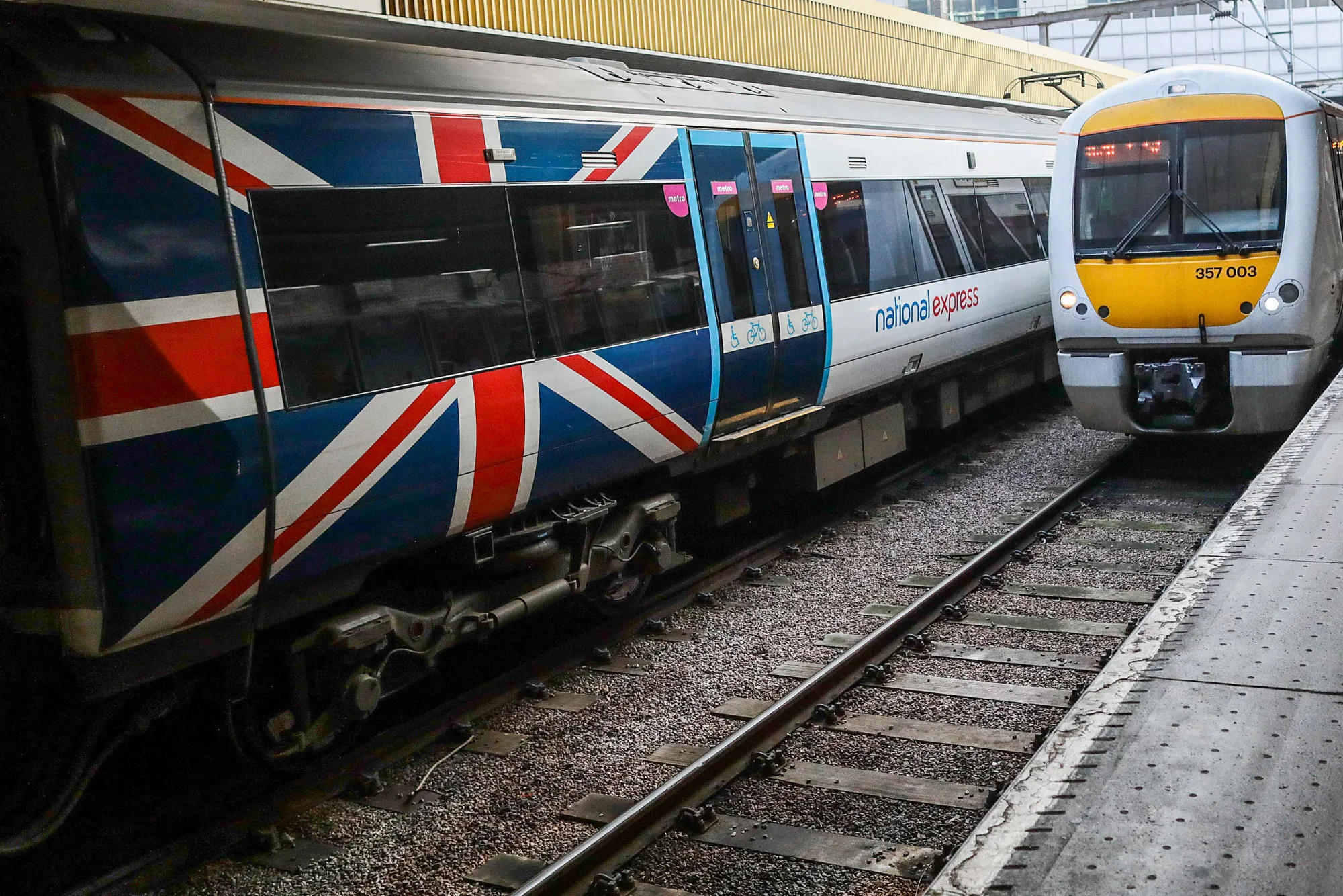 A C2C passenger train arrives at Fenchurch Street Station in London, on Feb. 13, 2017.

