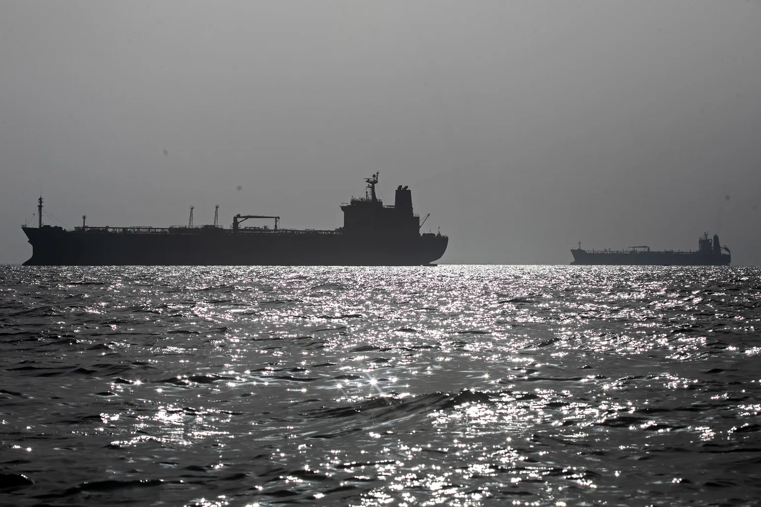 Ships anchored in the Strait of Hormuz near Larak Island, Iran on May 16.