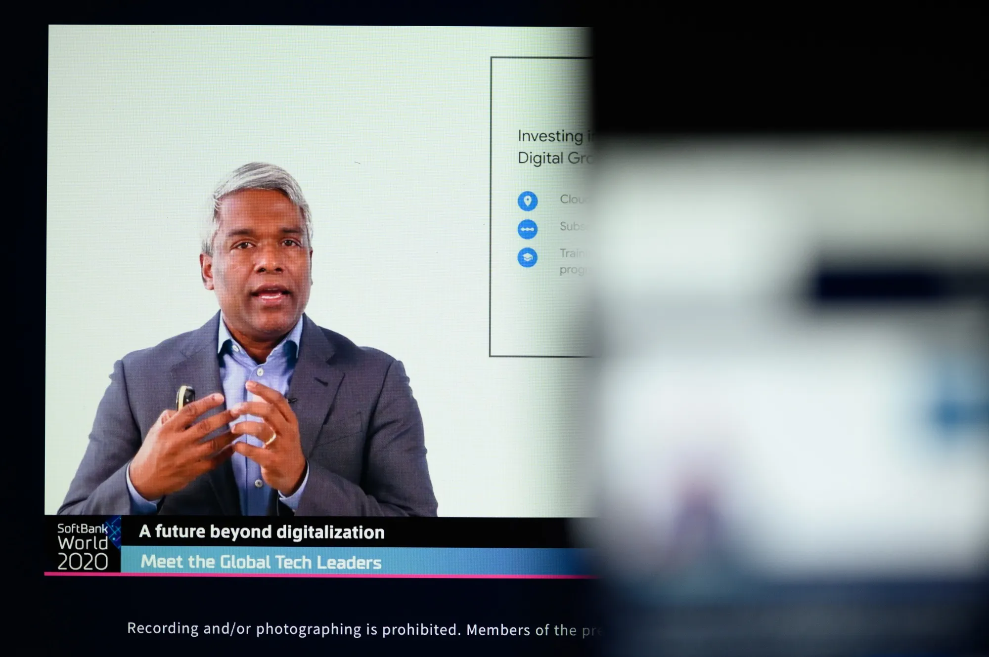 Thomas Kurian, chief executive officer of cloud services of Google, during a telecast of the SoftBank World event in Tokyo arranged in Kawasaki, Kanagawa Prefecture, Japan, on Oct. 29, 2020.&nbsp;