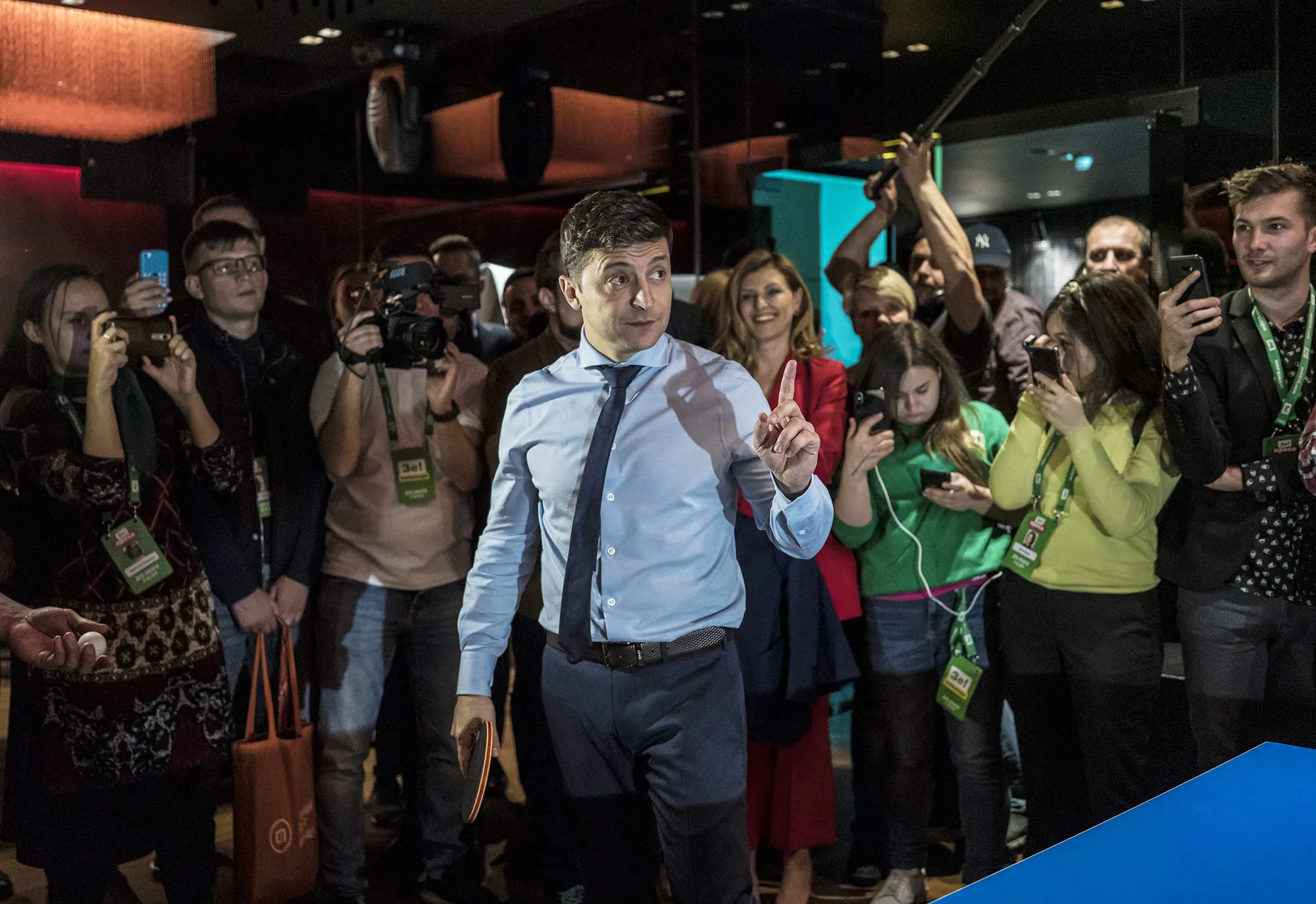 Volodymyr Zelenskiy plays table tennis with a journalist during his election night gathering in Kiev on March 31.