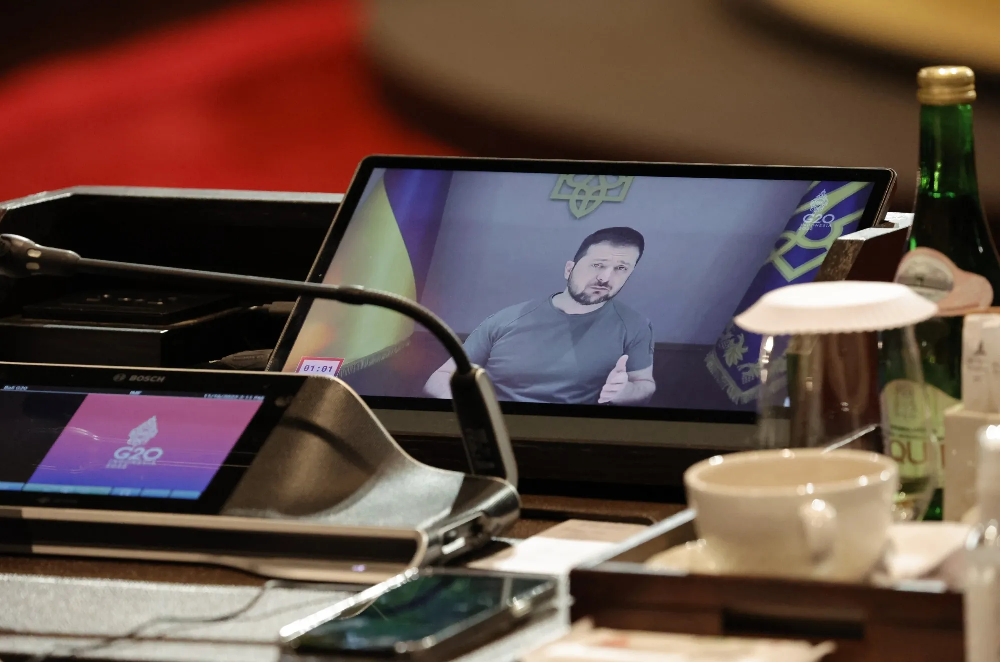 Volodymyr Zelenskiy addresses a session via video at the G20 summit in Bali.