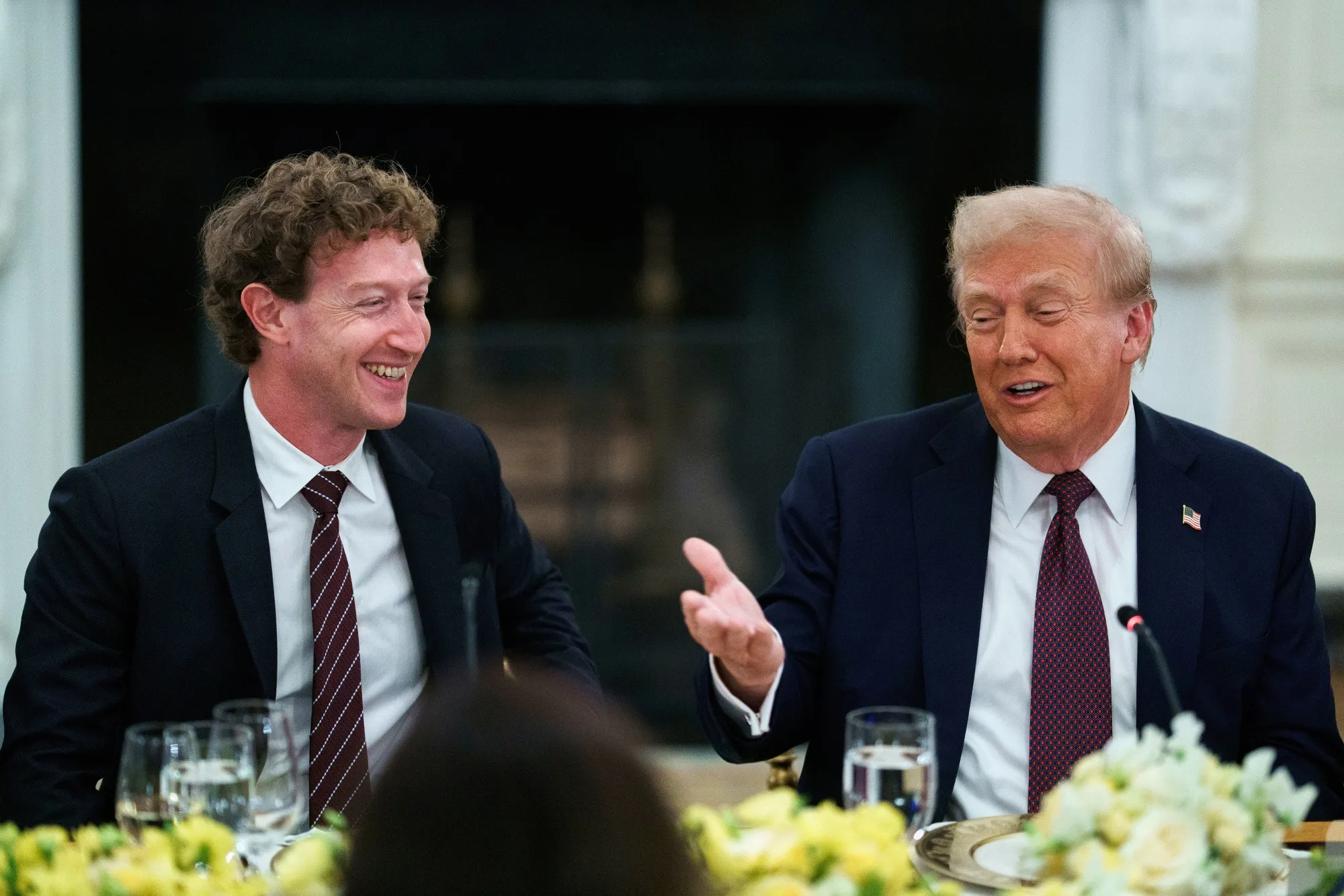 This is the picture of Mark Zuckerberg, chief executive officer of Meta Platforms Inc., and US President Donald Trump during a dinner with tech leaders in the State Dining Room of the White House.