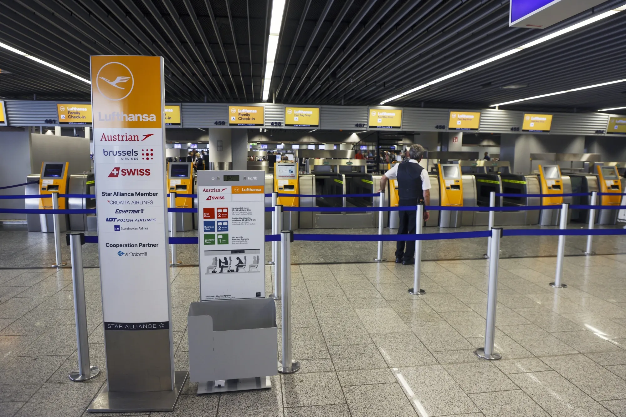 Empty check-in counters for Deutsche Lufthansa AG at Terminal 1 of Frankfurt Airport, on June 24.
