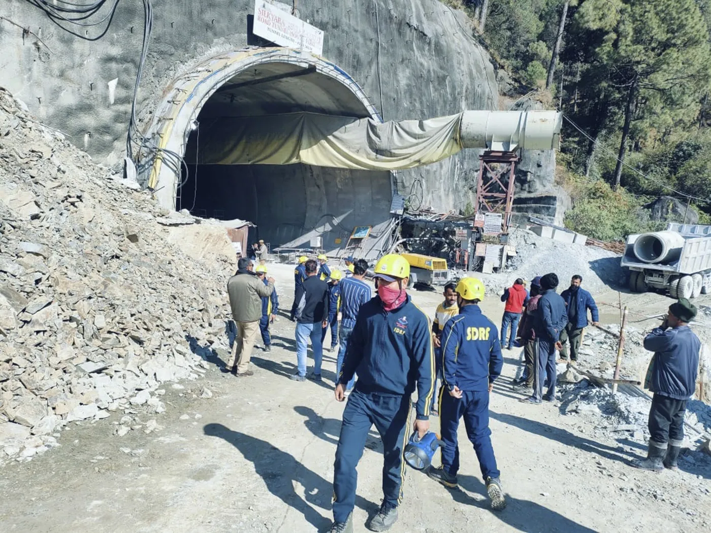 Rescuers outside a collapsed road tunnel in Uttarakhand state on Nov. 12.