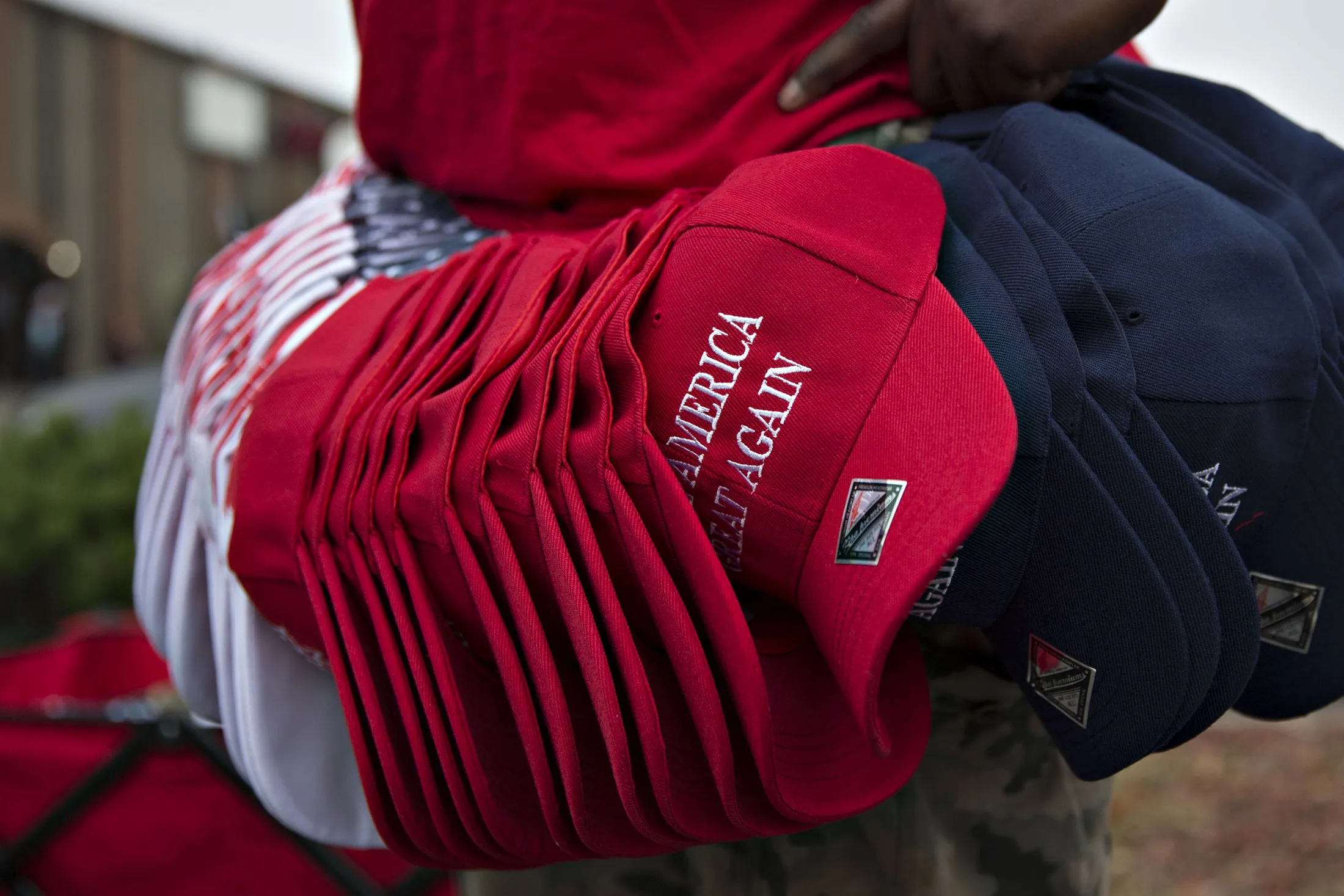 Donald Trump campaign hats for sale.
