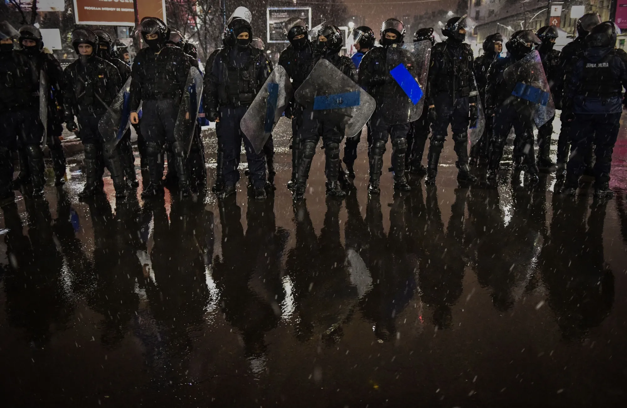 Gendarmes take position in front of the Romanian Parliament building in Bucharest on Jan. 20.