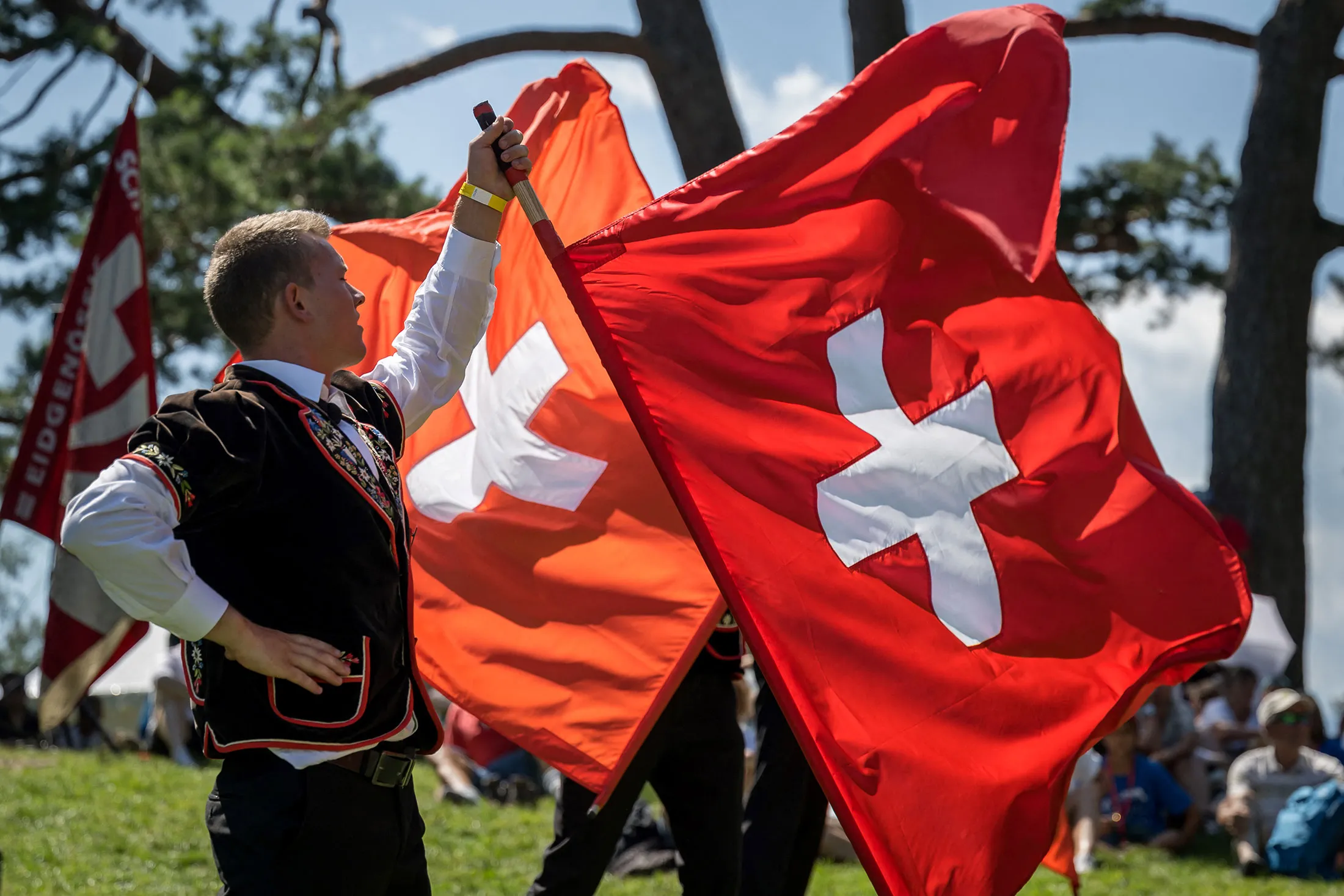 Swiss National Day celebrations near Lake Lucerne.