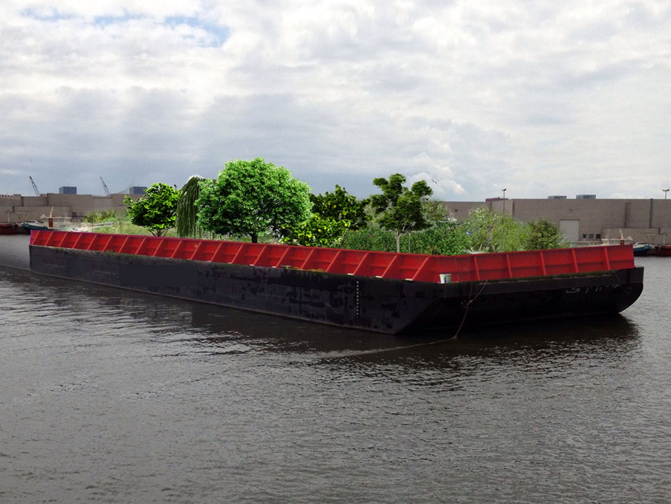 A rendering of Swale, a floating food forest coming to New York this summer.