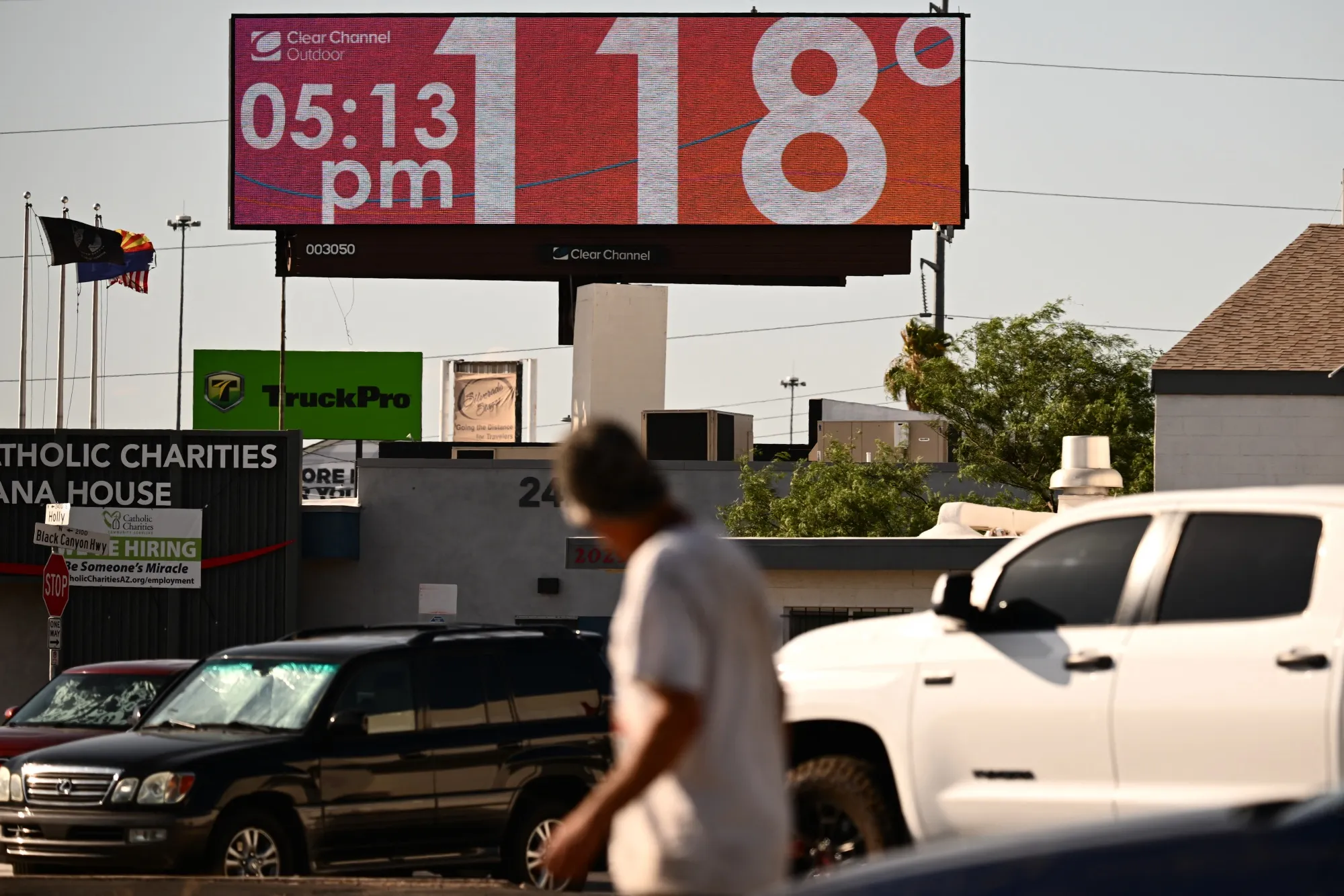 A billboard displays a temperature of 118 degrees Fahrenheit&nbsp;during a record heat wave in Phoenix, Arizona on July 18