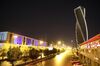 The Al Majdoul skyscraper and a city road at night in Riyadh, in July 2020.