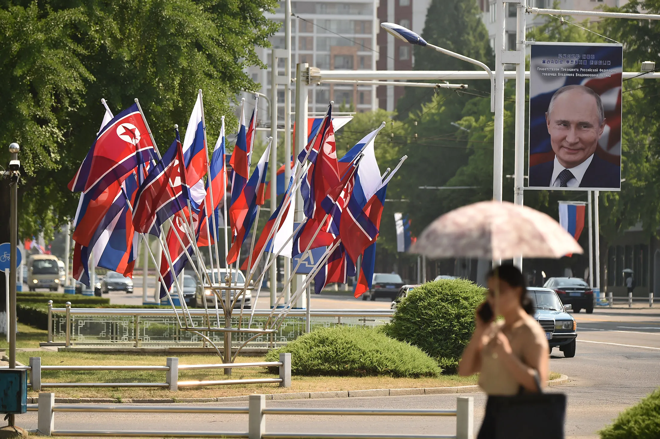 A portrait of Russian President Vladimir Putin&nbsp;near national flags of North Korea and Russia in Pyongyang on June 20.