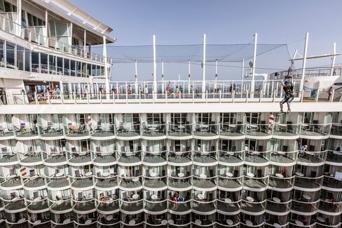 Suspended nine decks up, a zip line takes guests on a ride across an open-air atrium past some of the ships 2,747 staterooms. Tucked completely inside, 524 staterooms have "virtual balconies" that stream real-time video of what you'd see if you had an actual window.