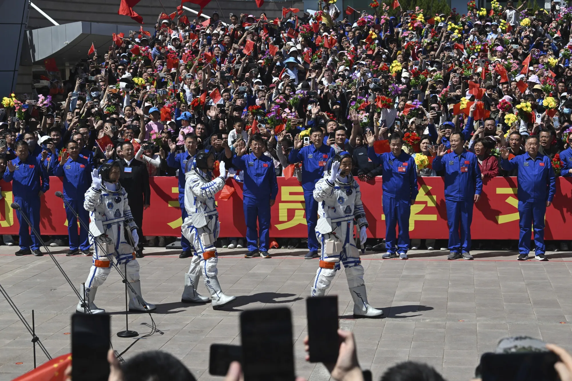 The three Chinese astronauts during a send-off ceremony at the Jiuquan Satellite Launch Center in Jiuquan, Gansu Province, China.&nbsp;