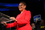 Karen Bass speaks during an election night party in Los Angeles, on Nov. 8.
